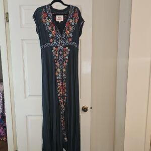 Johnny Was Dark Maxi Dress with Colorful Embroidery